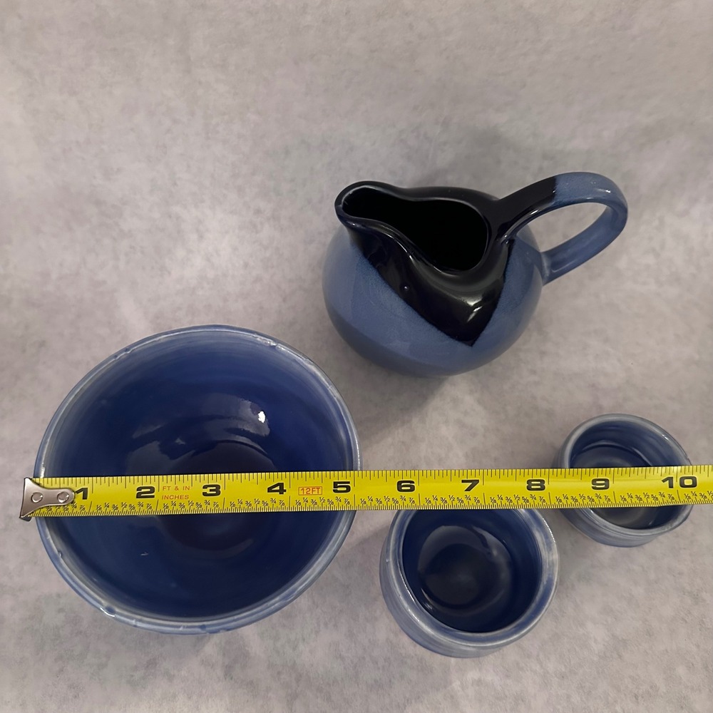 Blue Glazed Ceramic Pitcher Bowl Set 4 Pieces Small Creamer Cup - Picture 12 of 16